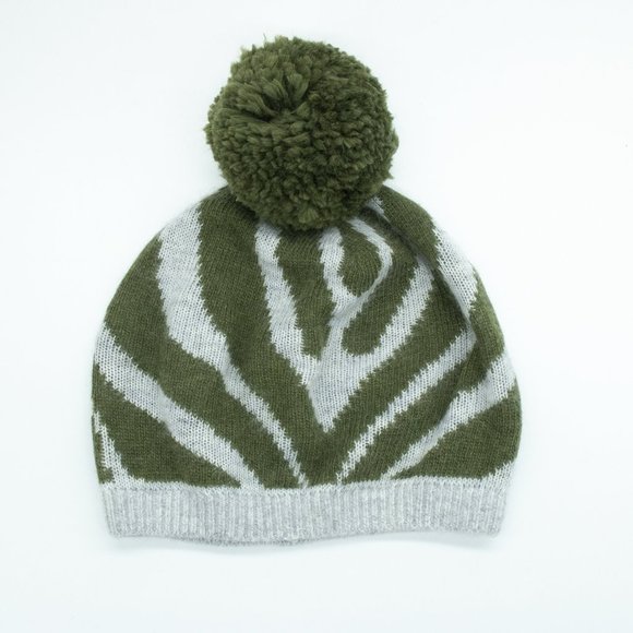 Portolano Cashmere Zebra Slouchy Hat with Pom Pom Light Grey/Olive Green - Picture 2 of 3